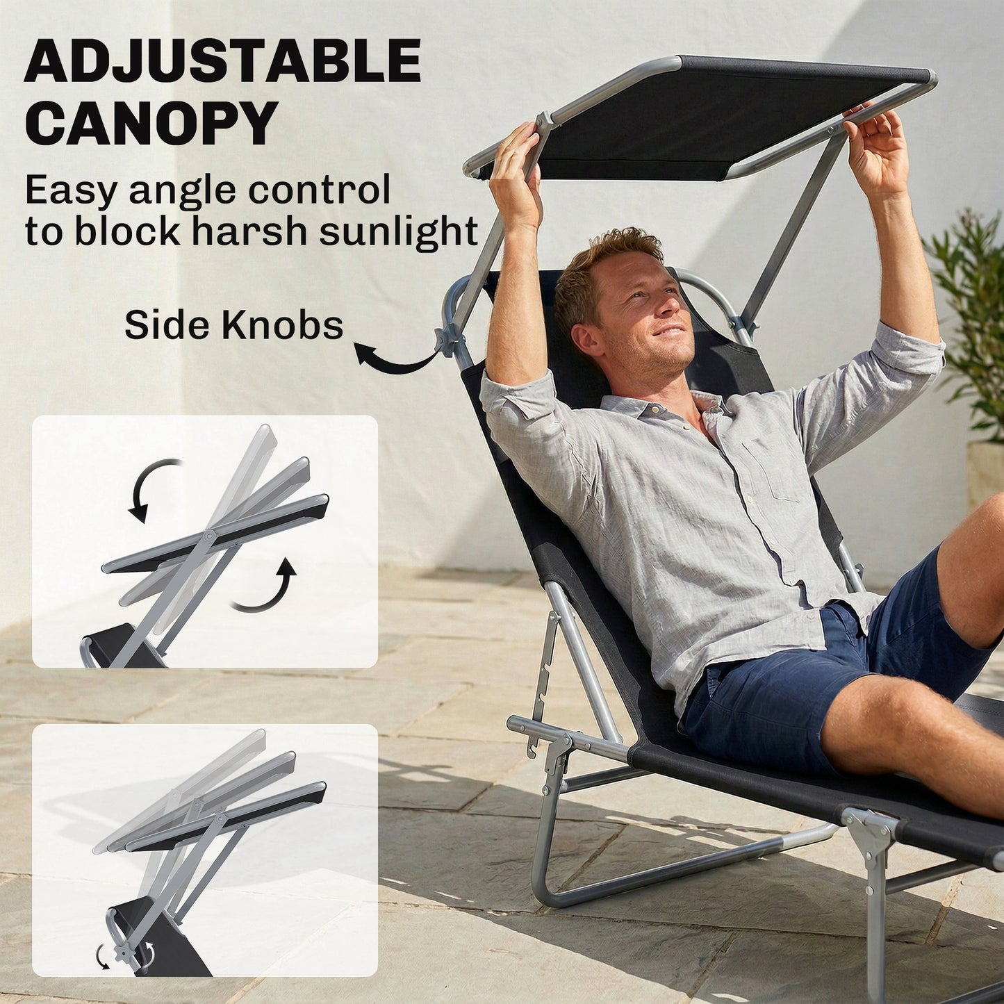 Outdoor Lounge Chair, Adjustable Folding Chaise Lounge, Tanning Chair with Sun Shade for Beach, Camping, Hiking, Backyar