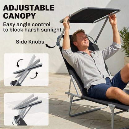 Outdoor Lounge Chair, Adjustable Folding Chaise Lounge, Tanning Chair with Sun Shade for Beach, Camping, Hiking, Backyar