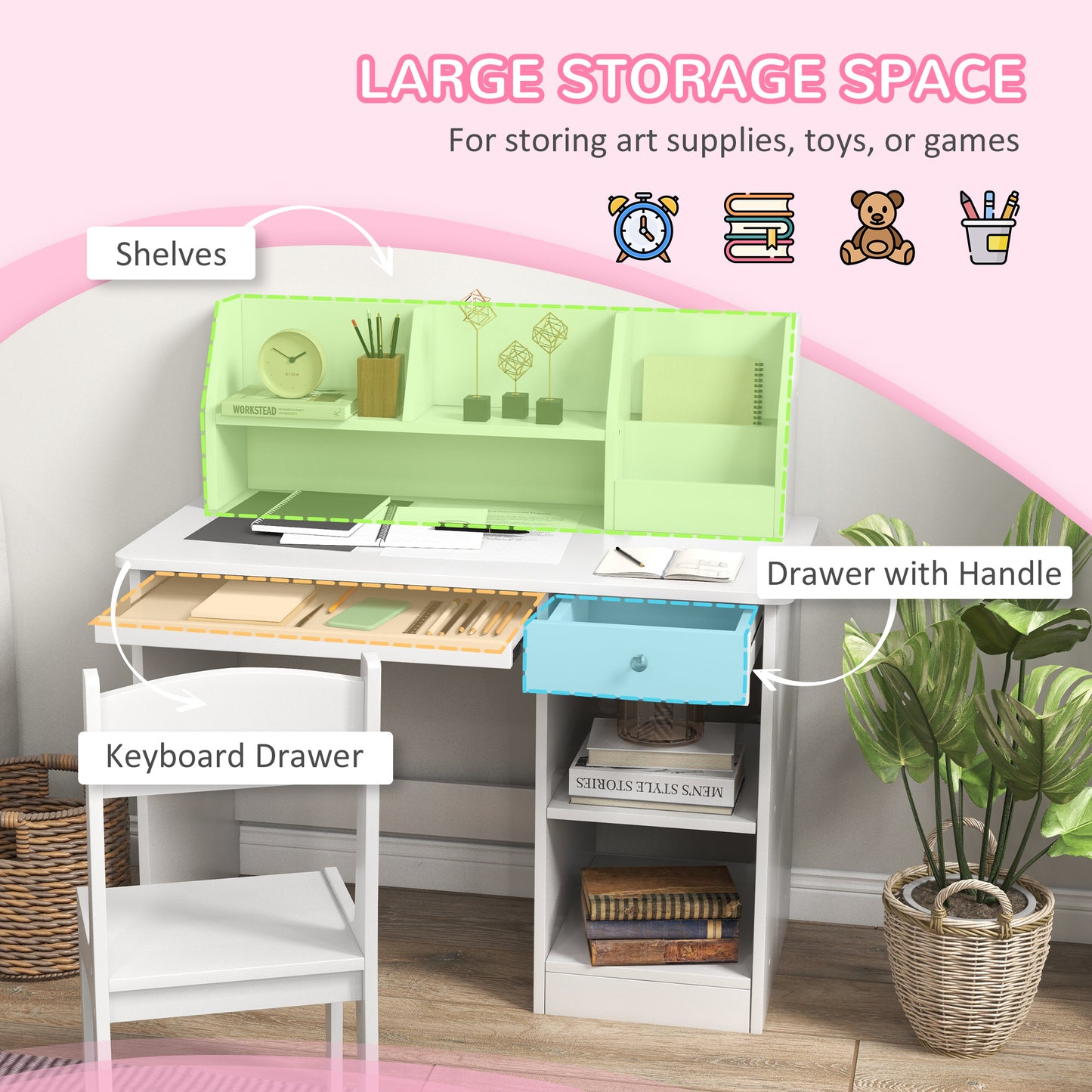 Qaba Kids Desk and Chair Set for 5-8 Year Old with Storage, Study Table and Chair for Children, White