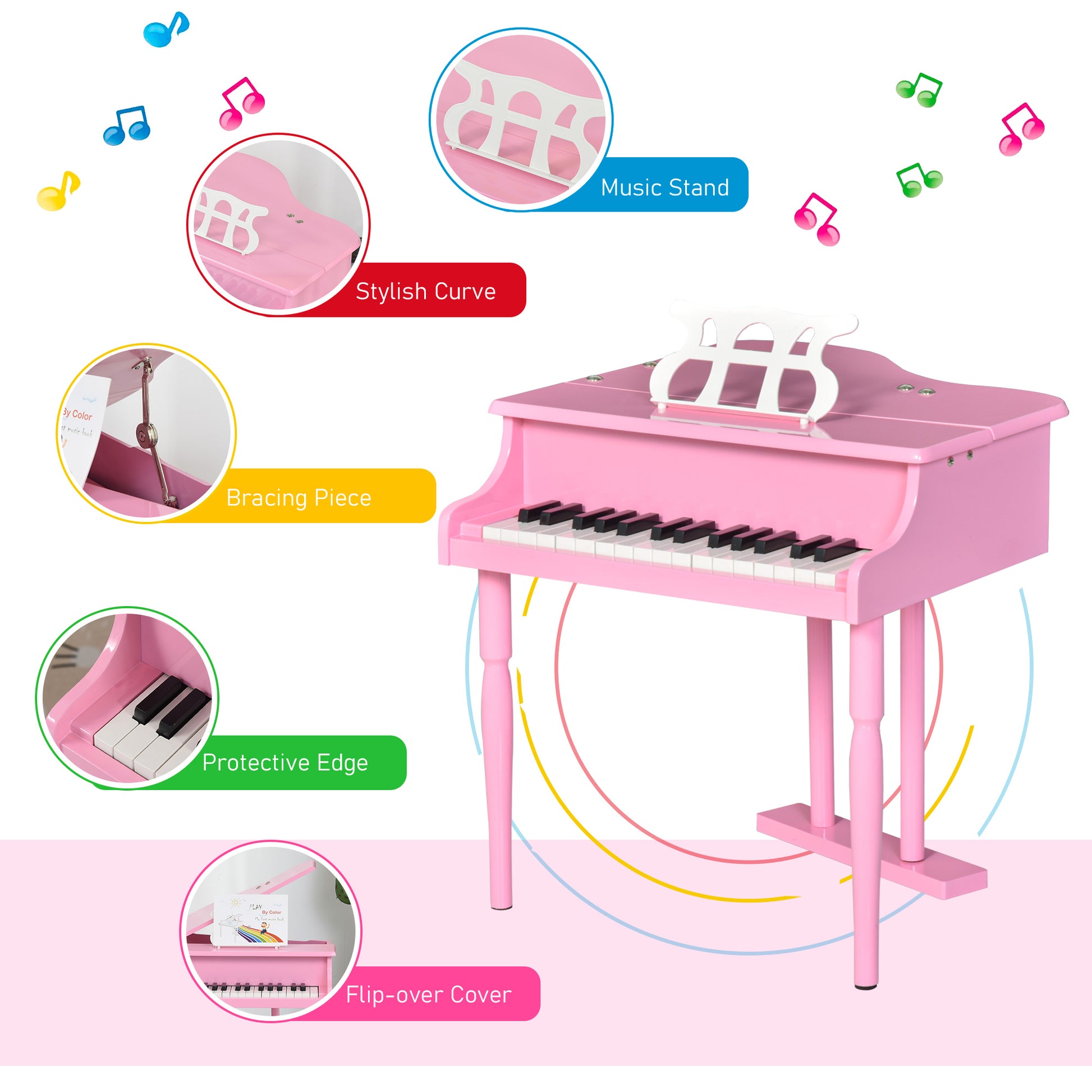 Modern Kids Piano, 30 Keys, Set of 2, Mini Toy for Child, Grand Piano with Music Stand and Bench, Ideal Gift, Pink