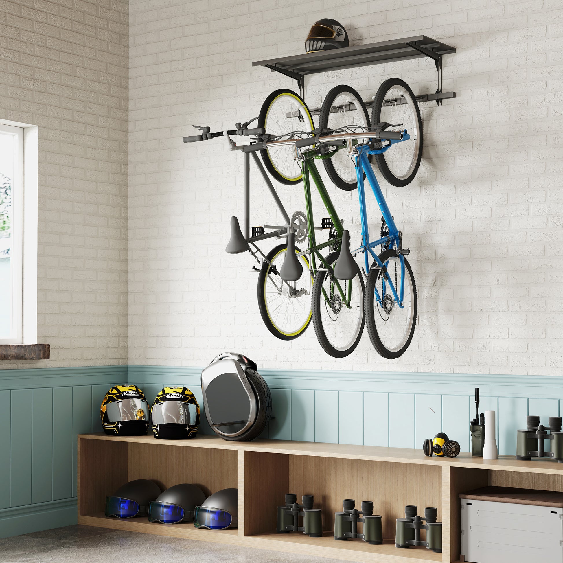 Soozier Bike Storage Rack for 5 Bikes, Wall Mounted Bicycle Rack with Shelf and Adjustable Hooks for Indoor Outdoor Use,