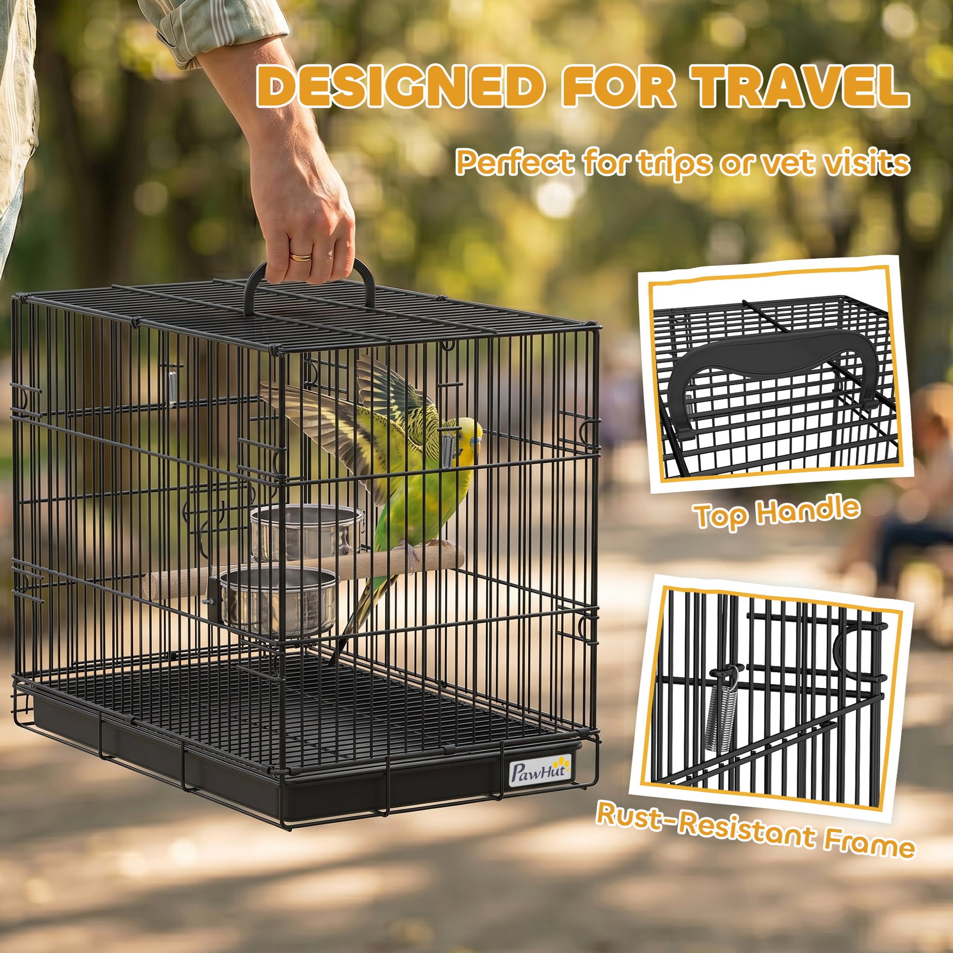 Bird Cage Portable w/ Slide-Out Tray Travel Cage for Parakeets w/ Perch & Food Bowls Black