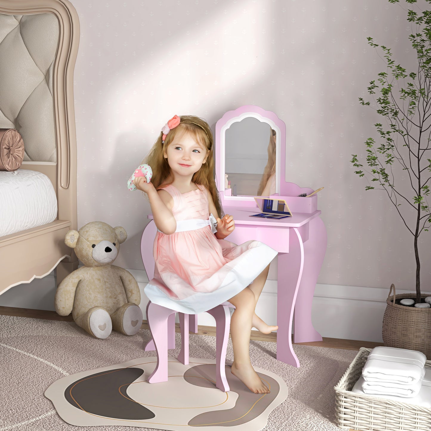 Qaba Makeup Vanity with Mirror and Stool, Cloud Design, Drawer, Storage Boxes, for 3-6 Years Old, Pink