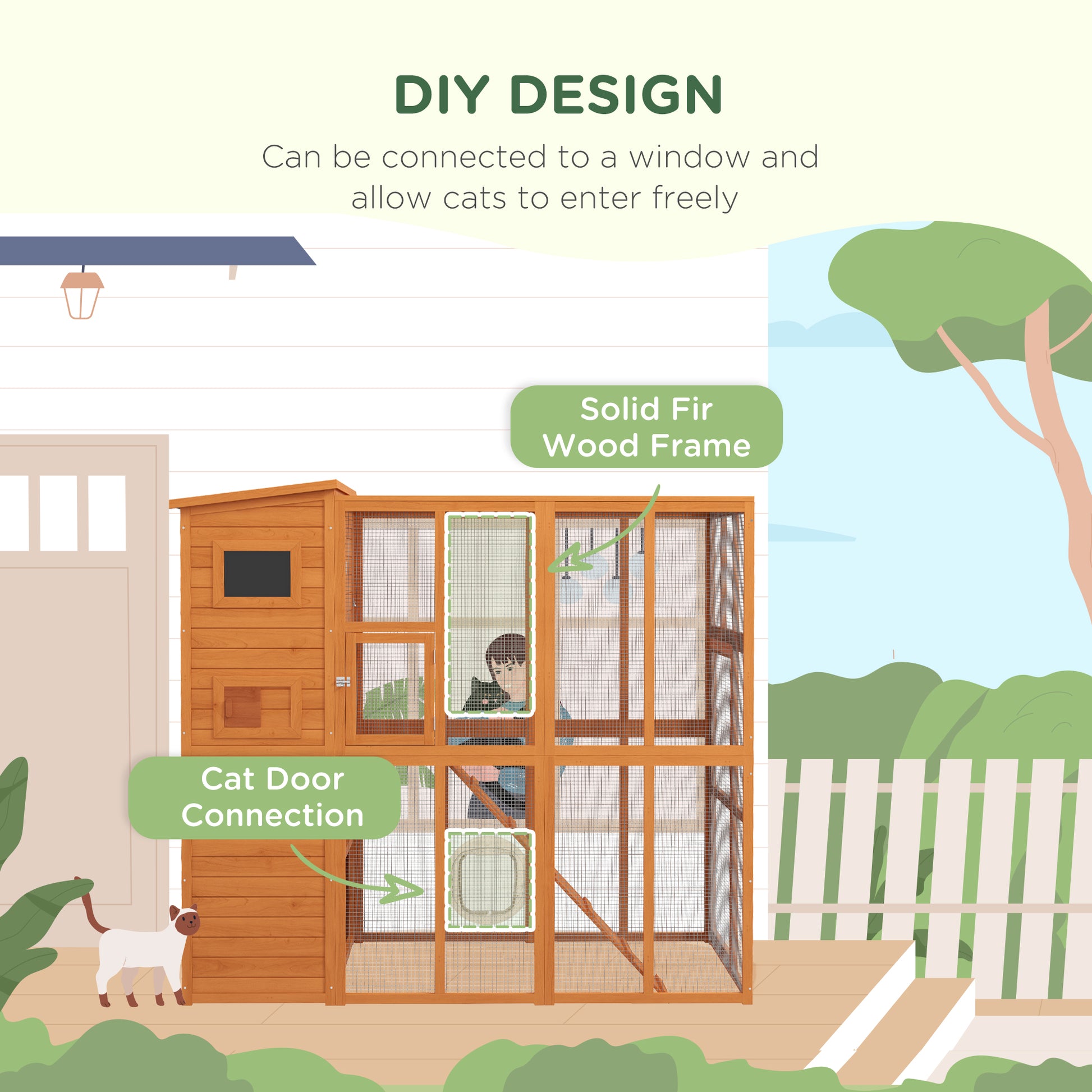 68.75" H Cat Cage Large Wooden Outdoor Cat House with Large Run for Play, Catio for Lounging, and Condo Area for Sleepin