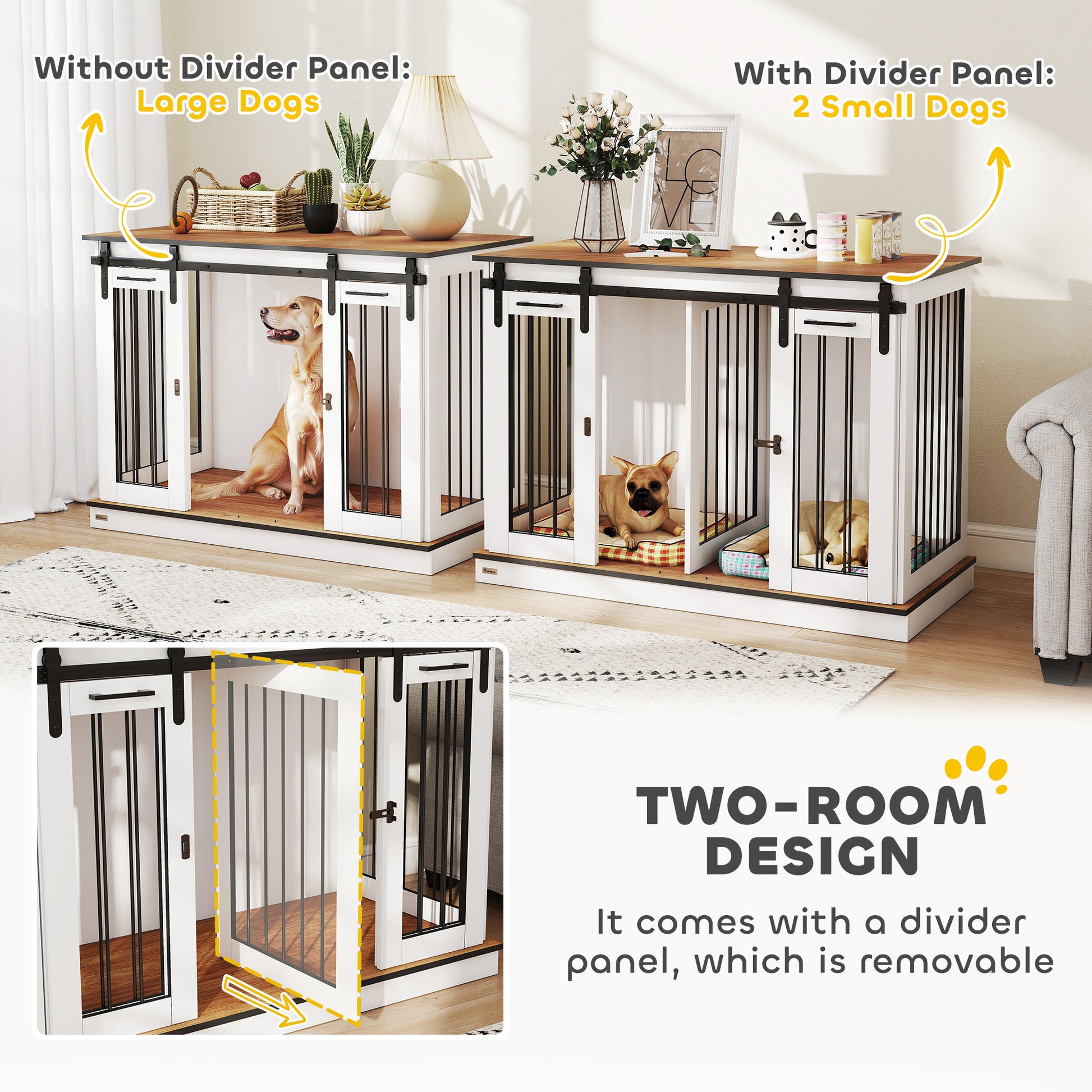 47in Dog Crate Furniture with Divider Panel, Wooden Dog Kennel TV Stand for Large Breeds, Pet House Side Table for 2 Sma