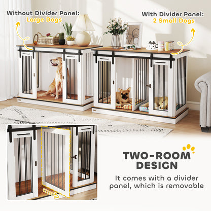 47in Dog Crate Furniture with Divider Panel, Wooden Dog Kennel TV Stand for Large Breeds, Pet House Side Table for 2 Sma