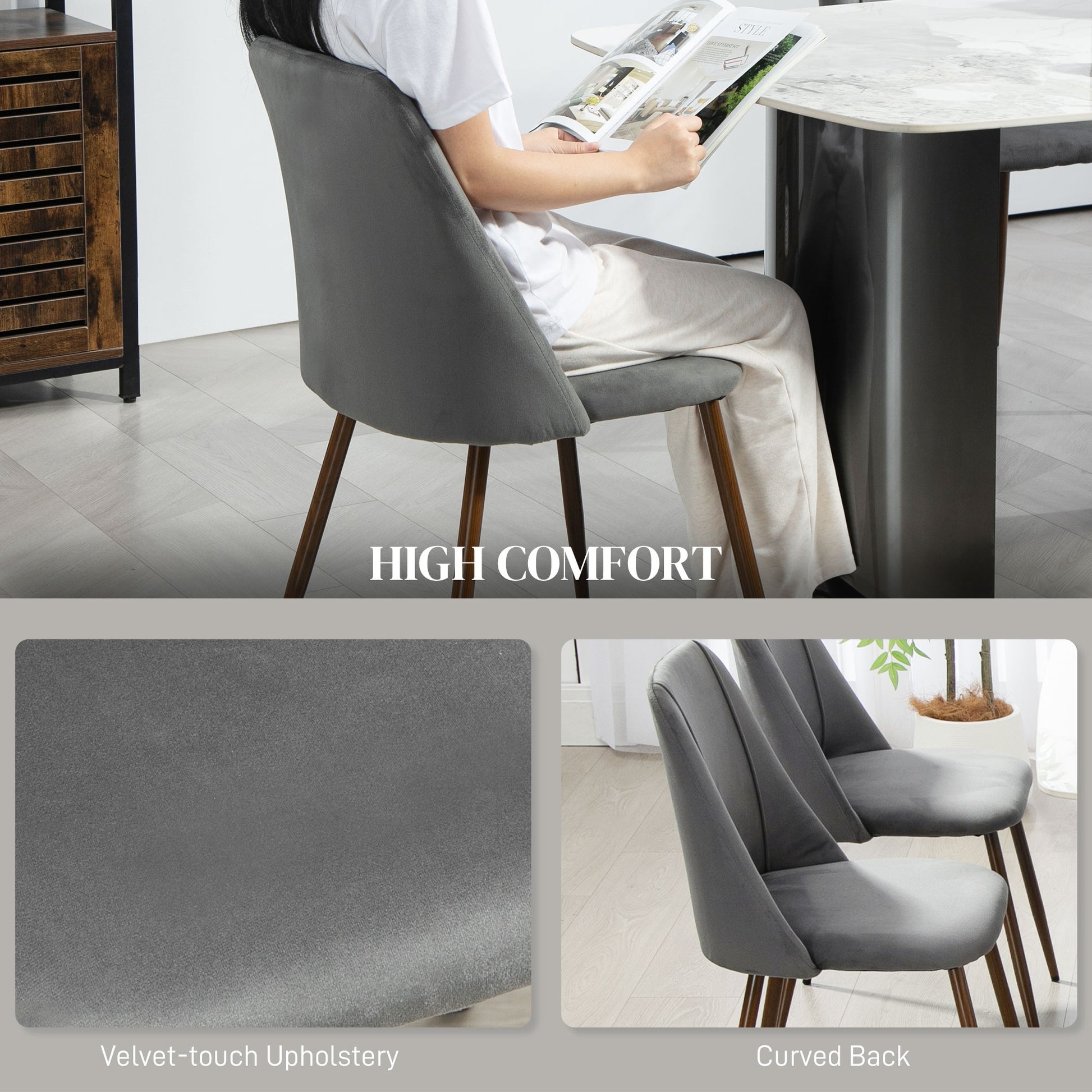 Upholstered Dining Chairs Set of 4, Velvet Accent Chair with Back and Wood-grain Steel Leg for Kitchen, Dark Grey