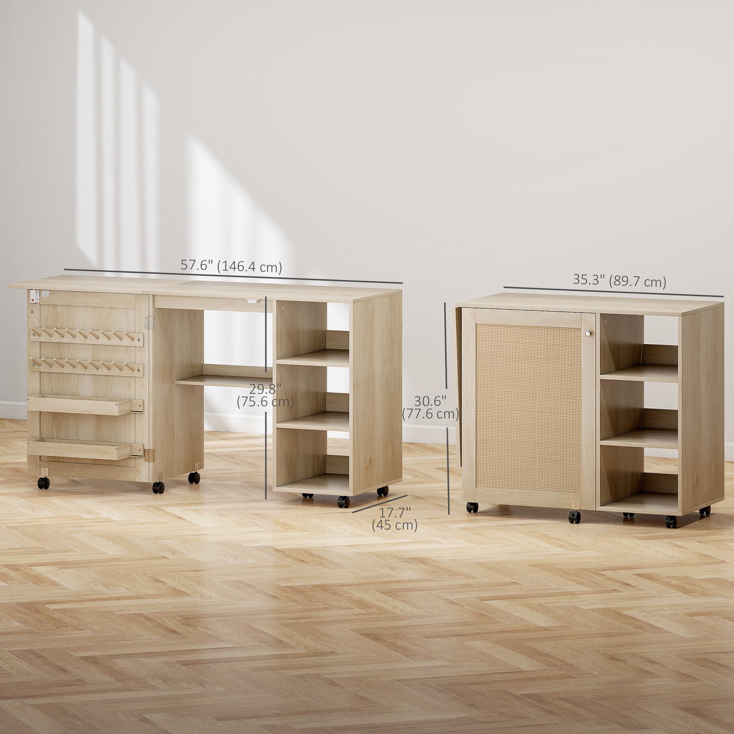 Sewing Machine Table with Drop Leaf, Folding Craft Table Rattan Door and Storage Shelves for Small Spaces, Natural