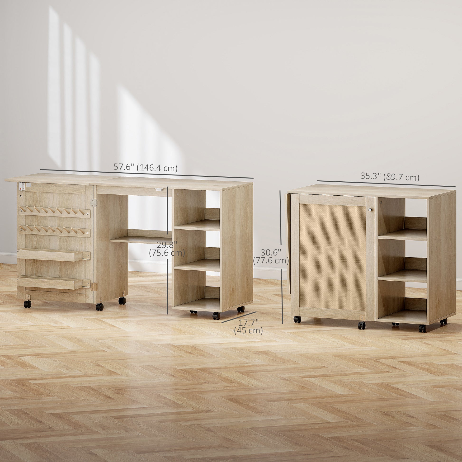 Sewing Machine Table with Drop Leaf, Folding Craft Table Rattan Door and Storage Shelves for Small Spaces, Natural