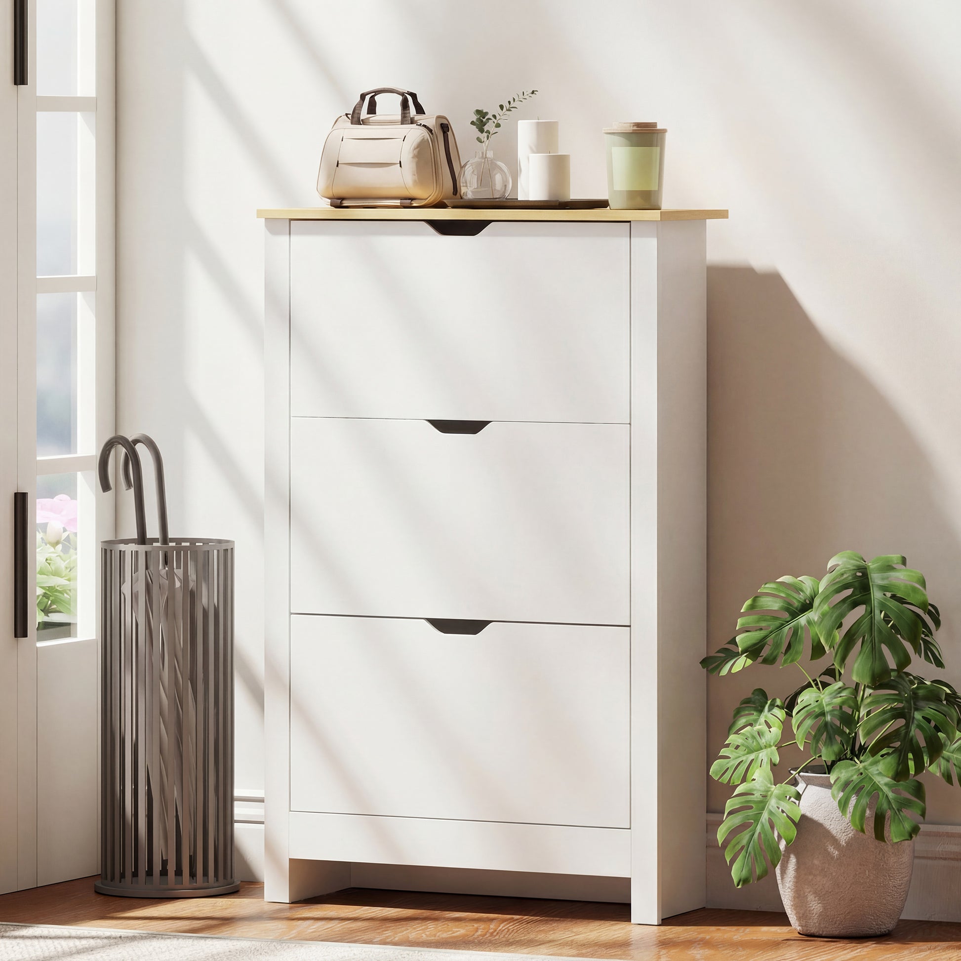 Shoe Storage Cabinet with 3 Flip Drawers and Adjustable Shelves for 12-18 Pairs of Shoes, White