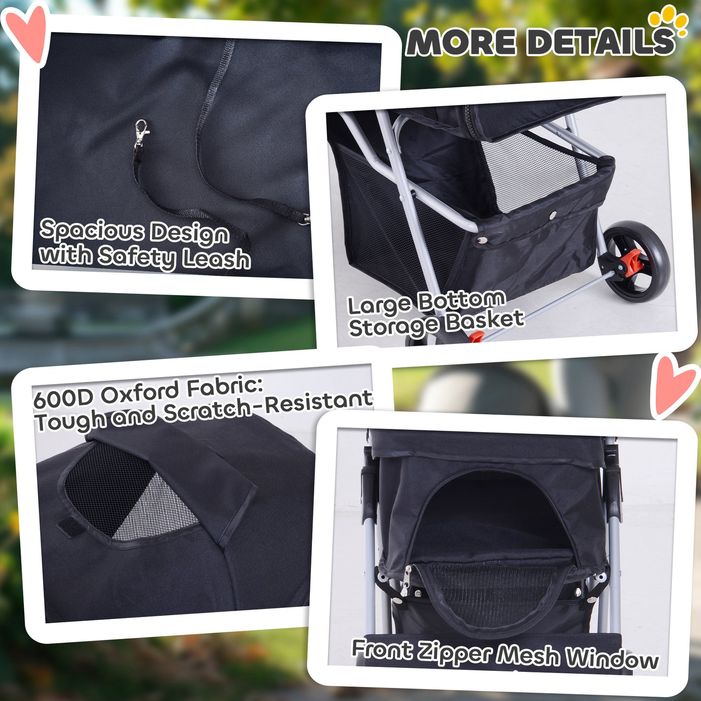Cat Dog Stroller, One-click Foldable Pet Stroller w/Cup Holder, 4 Wheels Travel Carrier w/Brakes, 360° Swiveling Front W