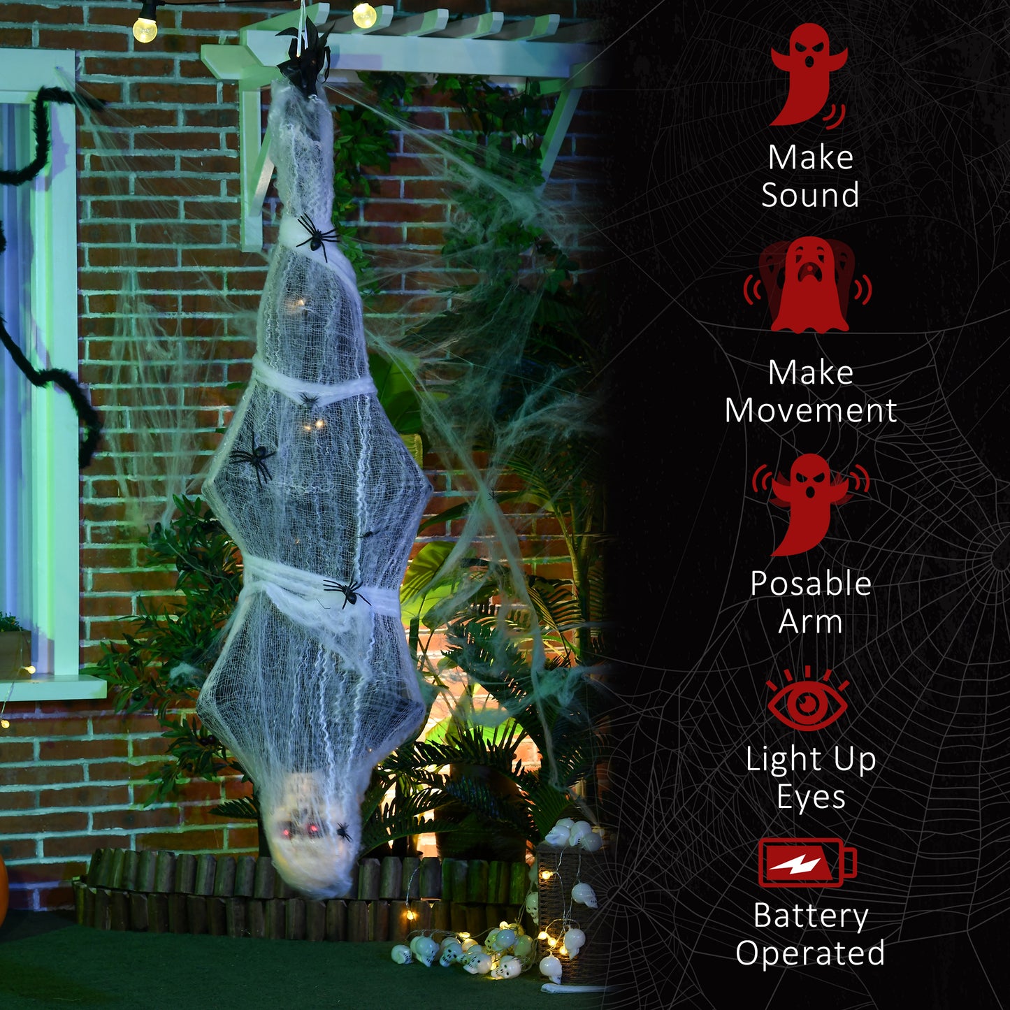 55.9 Inch/4.7ft Life Size Outdoor Halloween Decoration Hanging Mummy with Spider Web, Animated Prop Decor with Sound and