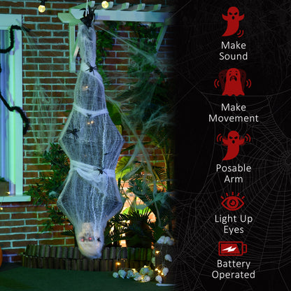 55.9 Inch/4.7ft Life Size Outdoor Halloween Decoration Hanging Mummy with Spider Web, Animated Prop Decor with Sound and