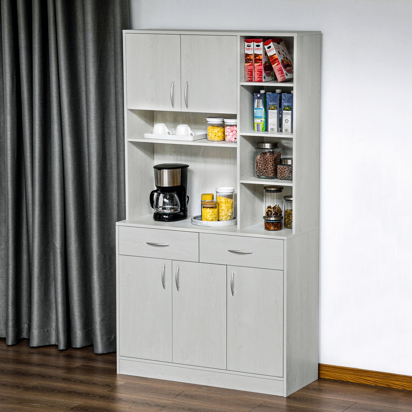 71" Kitchen Hutch with Storage Cabinet, Modern Buffet with Hutch, Cupboard with Drawers for Living Dining Room, Ash Whit