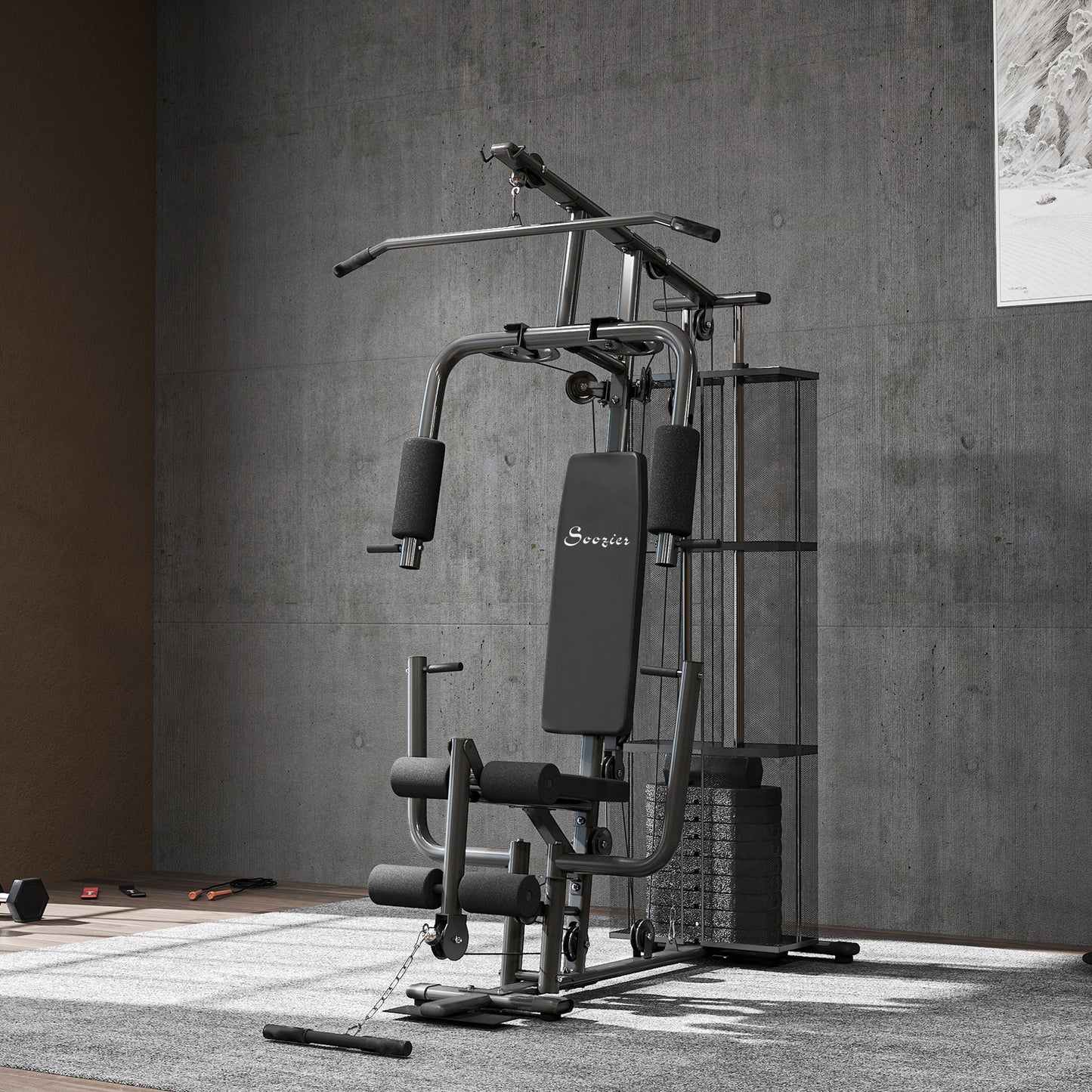Soozier Home Gym, Multifunction Gym Equipment Workout Station with 100Lbs Weight Stack for Lat Pulldown, Leg Extensions,