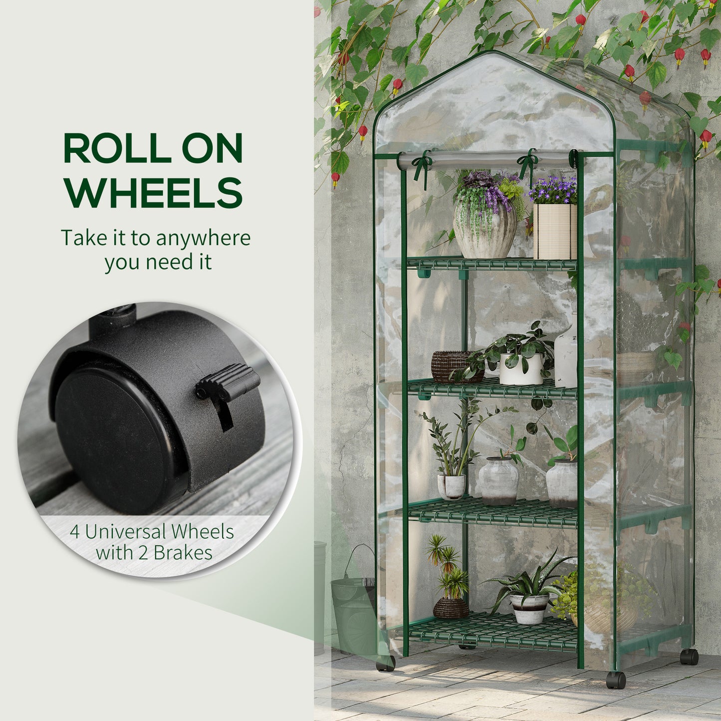 27" x 20" x 65" Portable Greenhouse with 4 Tier Shelves and Wheels, Outdoor Hot House Plant Flower Greenhouse, Steel Fra