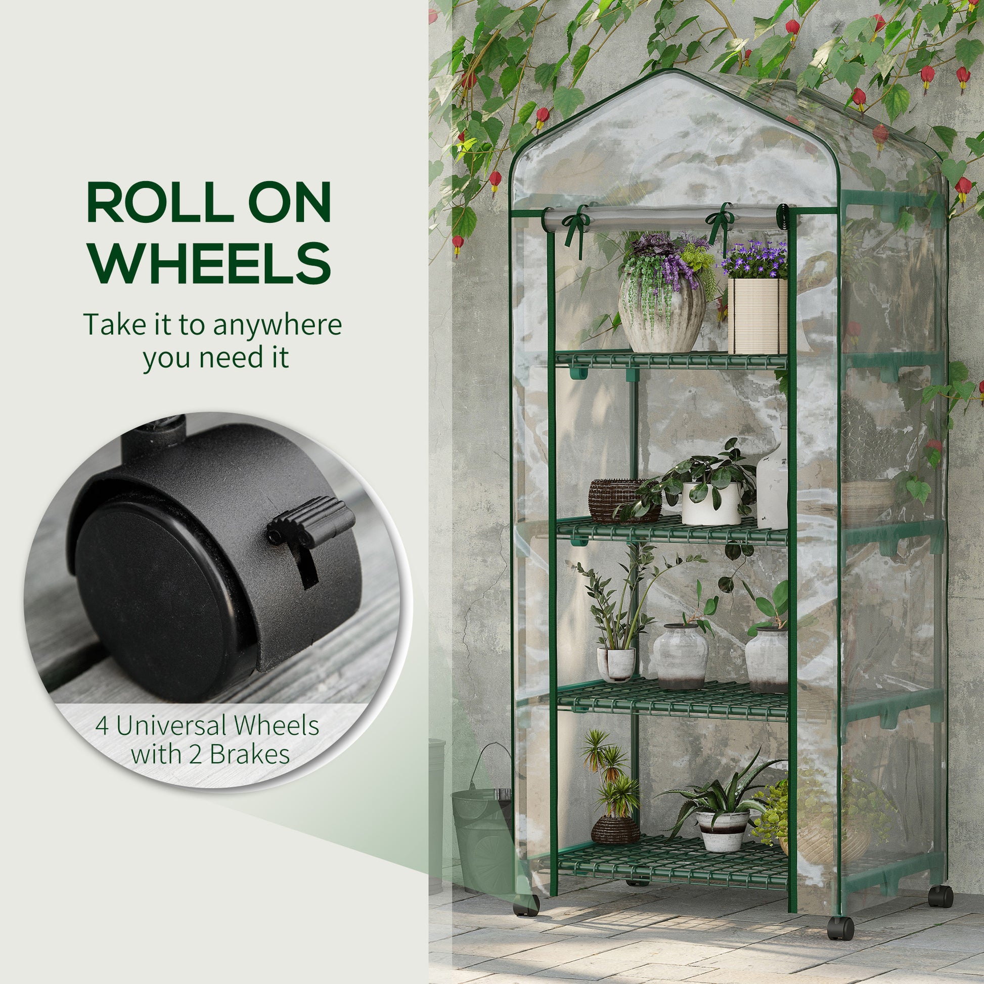 27" x 20" x 65" Portable Greenhouse with 4 Tier Shelves and Wheels, Outdoor Hot House Plant Flower Greenhouse, Steel Fra