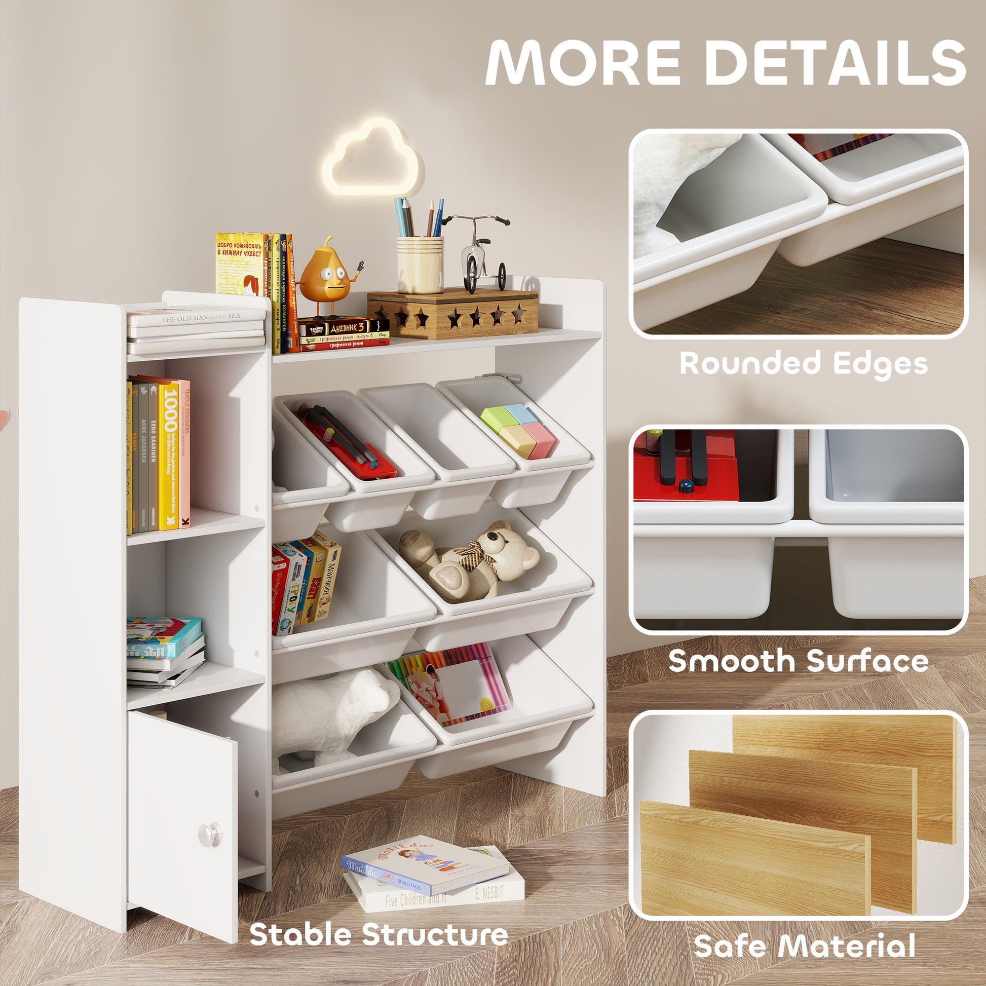 Qaba Kids Bookshelf and Toy Storage Organizer, Children Bookcase with 8 Removable Bins, Cabinet for Playroom, Kids Room,