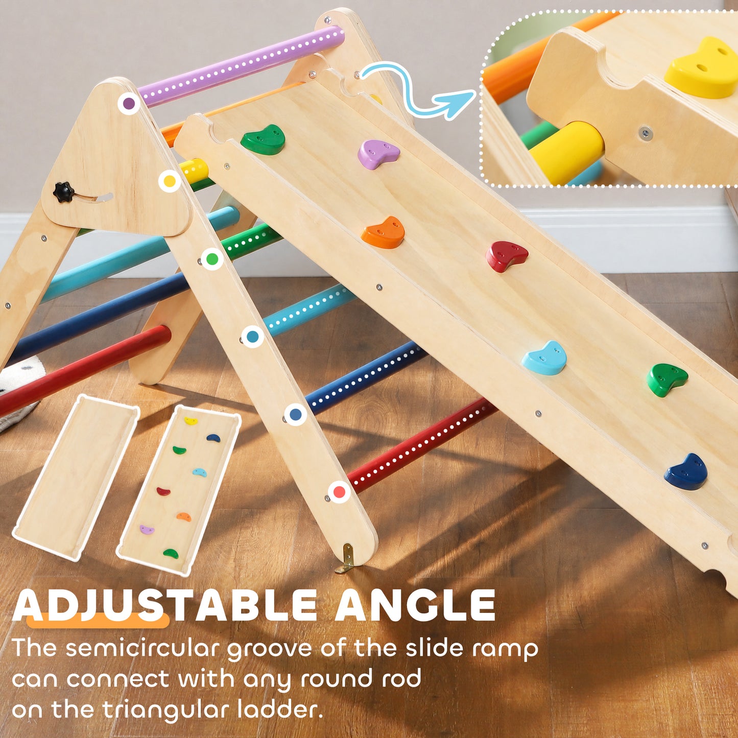 Qaba Pikler Triangle Set, 3 in 1 Climbing Toys with Ramp for Toddlers, Nature Wood