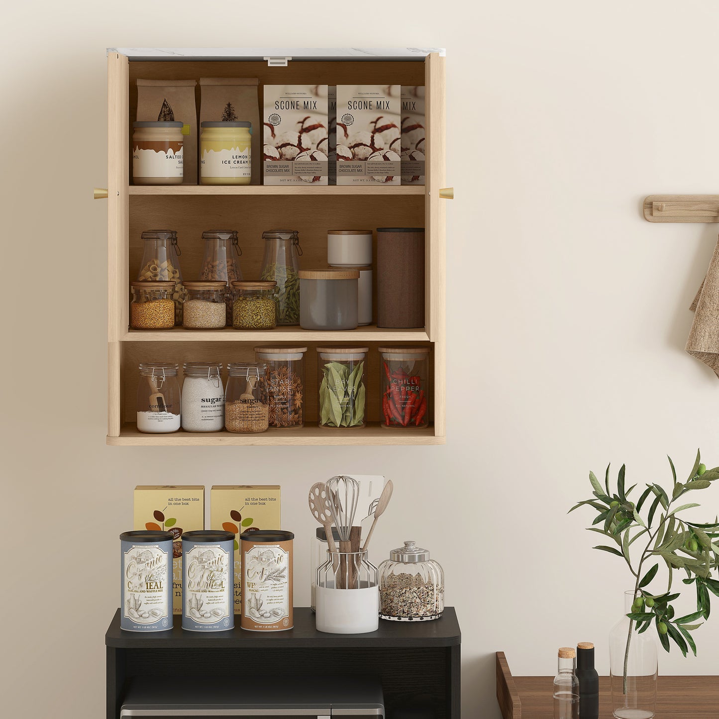 Bathroom Wall Cabinet, Wall-Mounted Medicine Cabinet with Adjustable Shelf, Open Shelf and Marble Effect Top, Oak