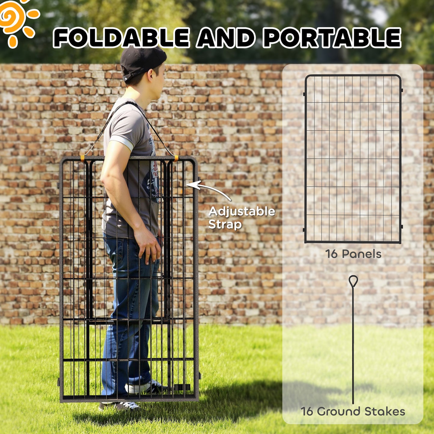 16 Panels Dog Playpen with Strap, Portable & DIY, for Large Dogs, for Yard, RV, Camping, Garden, 47" Height