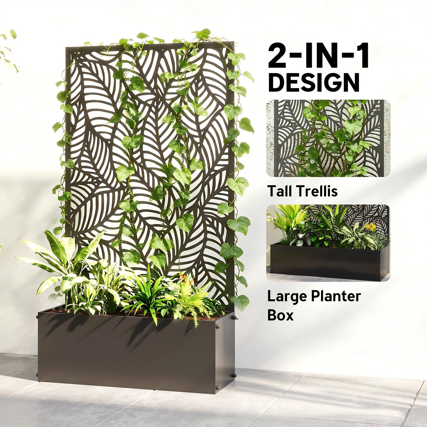 Metal Planter Box with Trellis, 44.5" Raised Garden Bed with Trellis Privacy Screen for Climbing Plants, Leaves Cut-Out