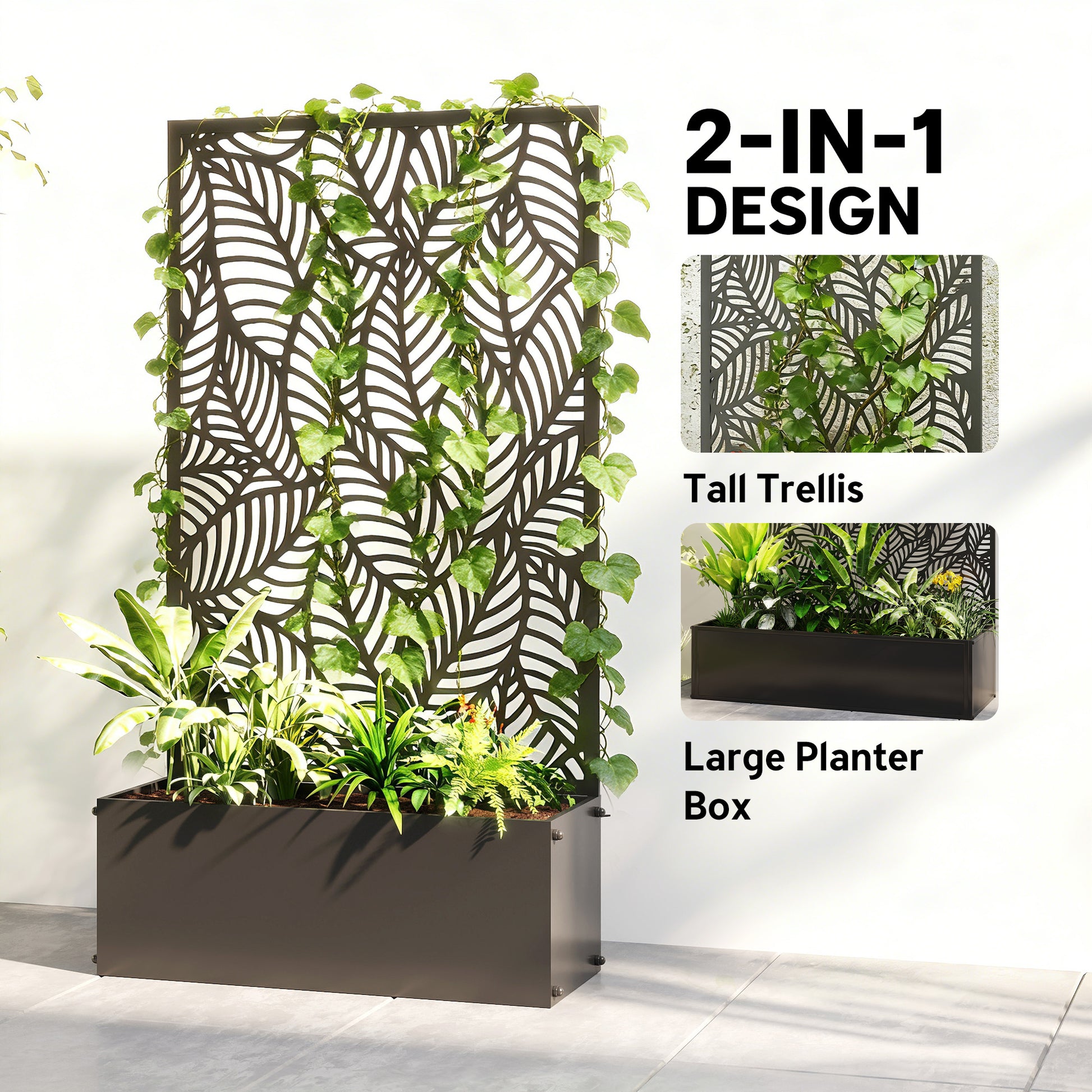 Metal Planter Box with Trellis, 44.5" Raised Garden Bed with Trellis Privacy Screen for Climbing Plants, Leaves Cut-Out