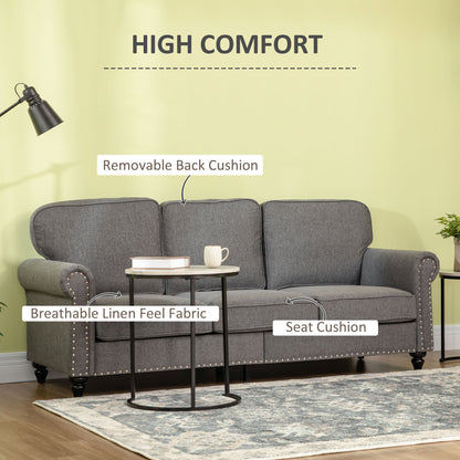 3-Seater Sofa Couch, 81" Modern Upholstered Linen Fabric Sofa with Rubberwood Legs, Nailhead Trim and Rolled Arms for Li