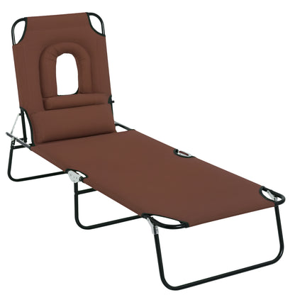 Folding Chaise Lounge Chair, Reclining Beach Tanning Chair with Face Hole, Pillow, 4-Position Adjustable Lay Flat Sun Lo