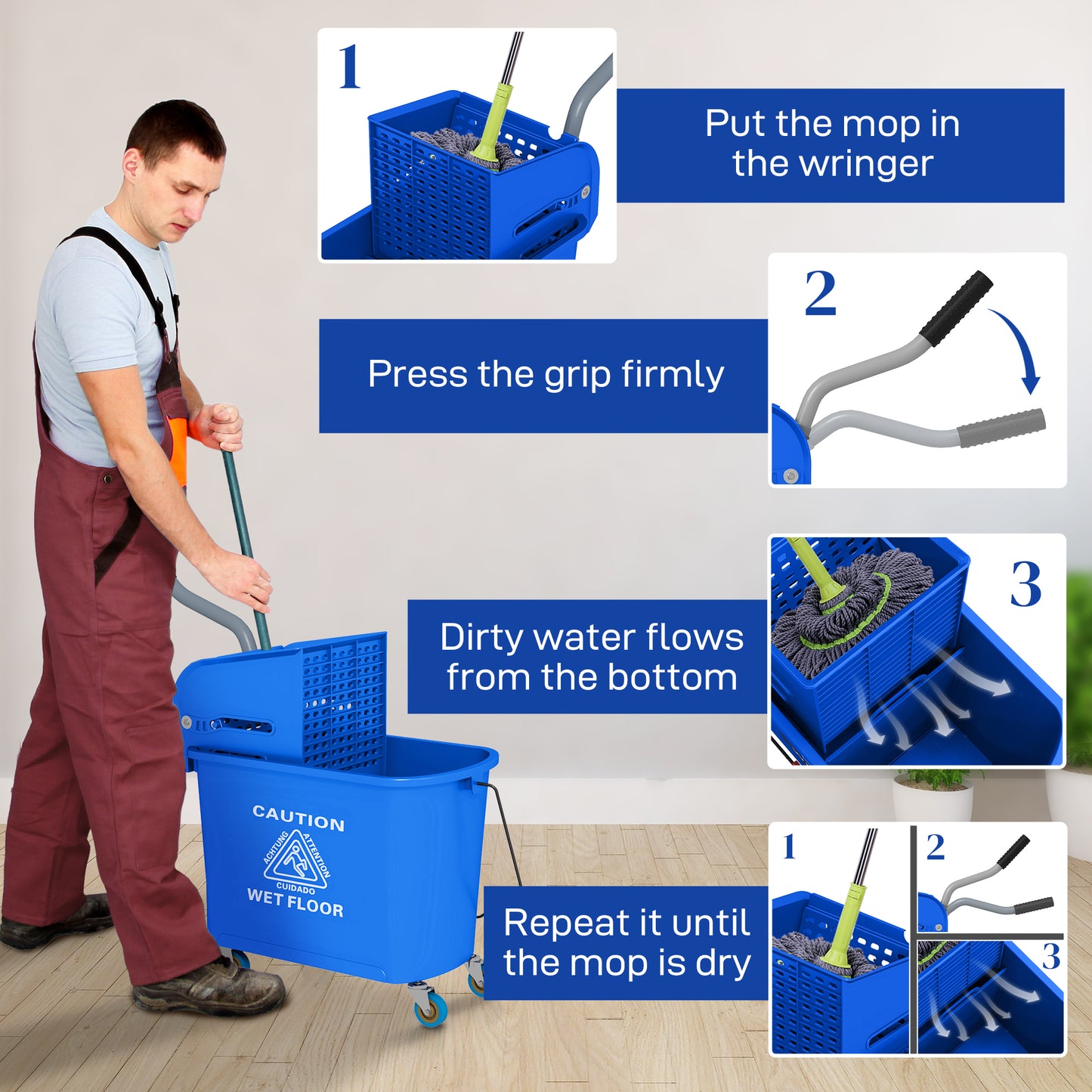 Compact Mop Bucket with Wringer, Mop Bucket on Wheels for Floor Cleaning, 5 Gallon, Separate Dirty and Clean Water, Blue