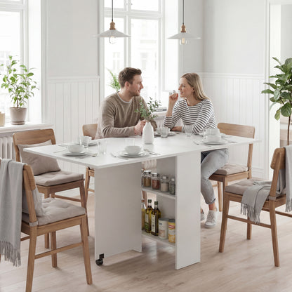Extendable Dining Table, Collapsible Folding Table w/ 2-tier Shelves and Rolling Casters, White