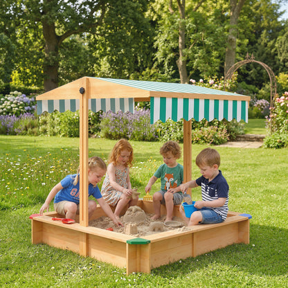 Wooden Sandbox with Cover, Kids Sandbox Outdoor with Adjustable Canopy and Seats for Backyard, Beach, Light Brown