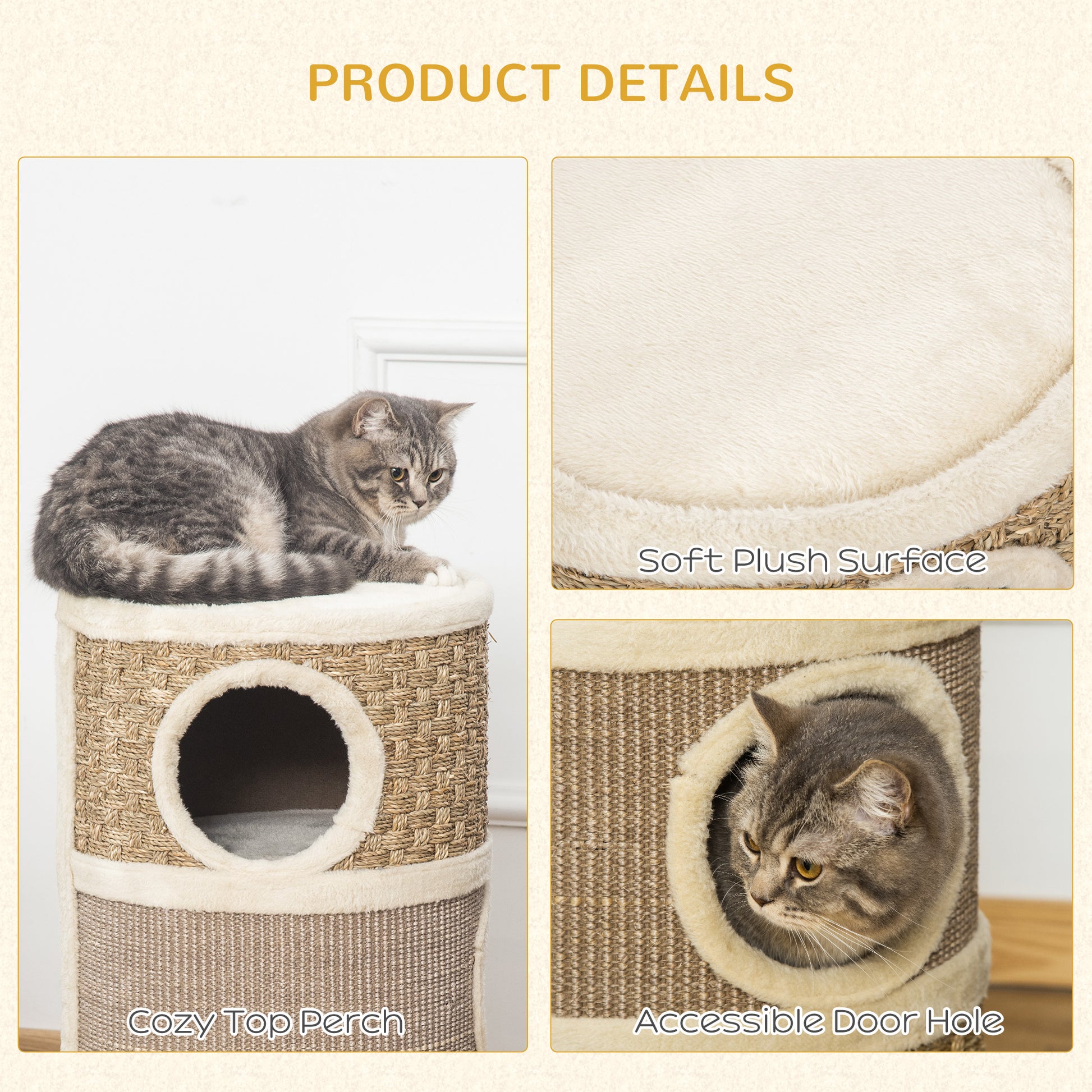Cat Condo 3 Story Three Holes with Sisal Seaweed Scratching Cover Surface, Cat Tower for Indoor Cats, 15" x 28", Khaki a