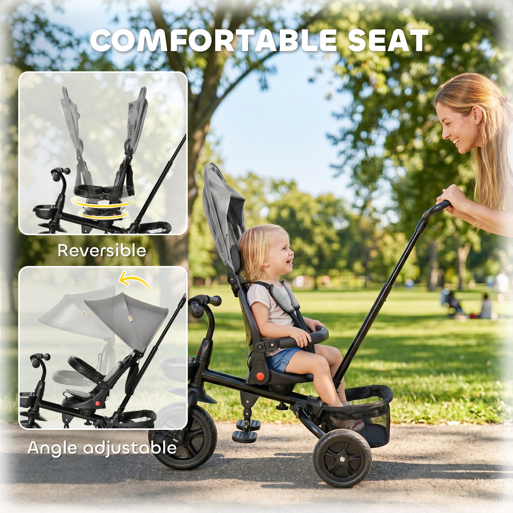 Qaba Tricycle for Toddler 5 in 1 Kids Trike, Foldable Converts Stroller to Toddler Bike, Adjustable Backrest & Curved Ca