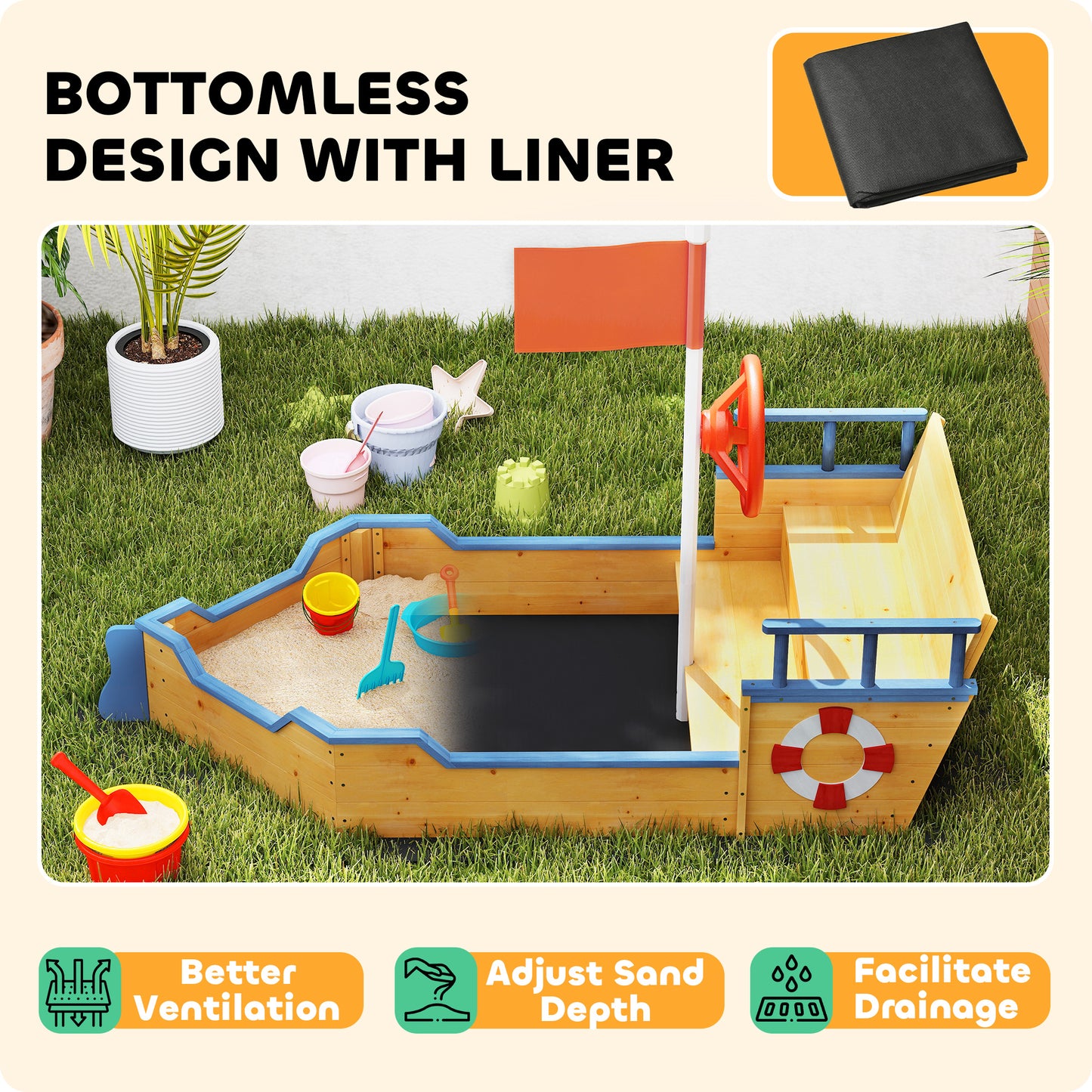 Kids Wooden Sandbox Pirate Ship Sandboat Outdoor Backyard Playset Children Sandpit w/ Bench Seat Storage Space & Flag fo