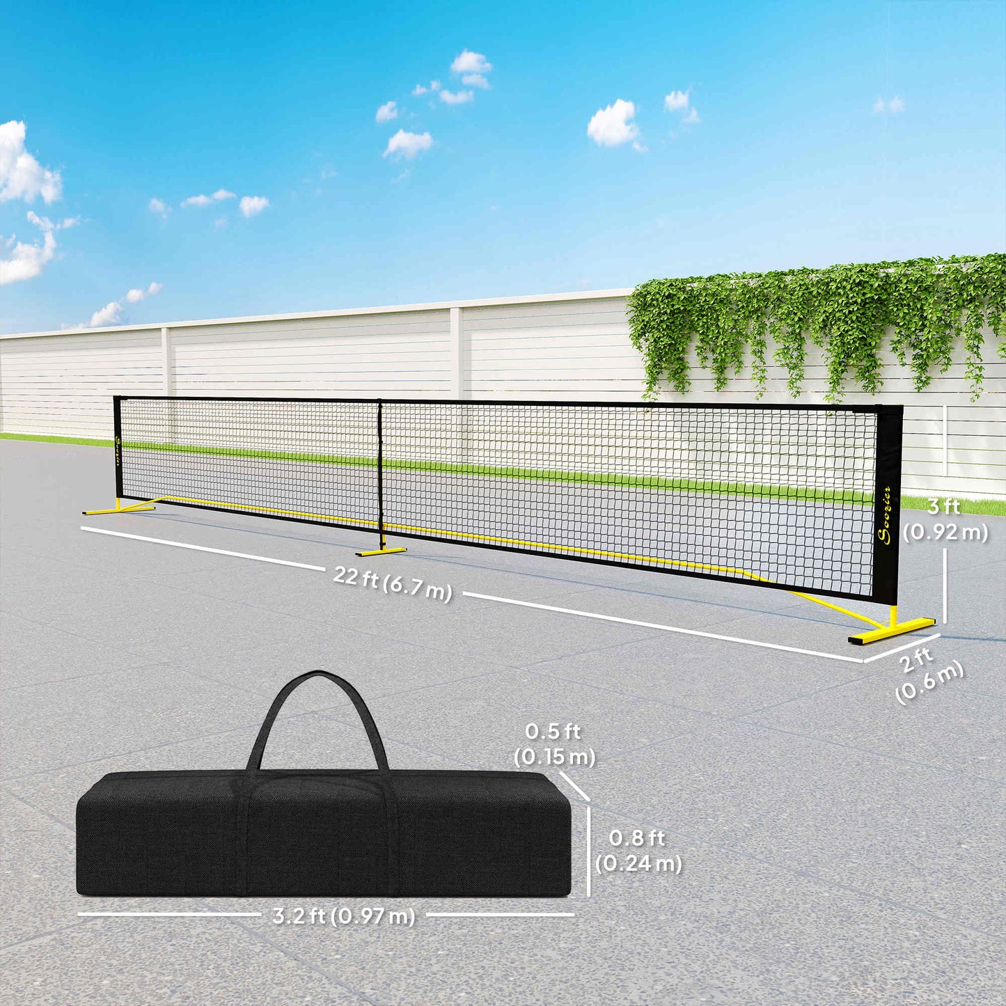 Soozier Portable Pickleball Net Set with 22FT Regulation Size Net, Carrying Bag for Indoor Outdoor Driveway, Yellow