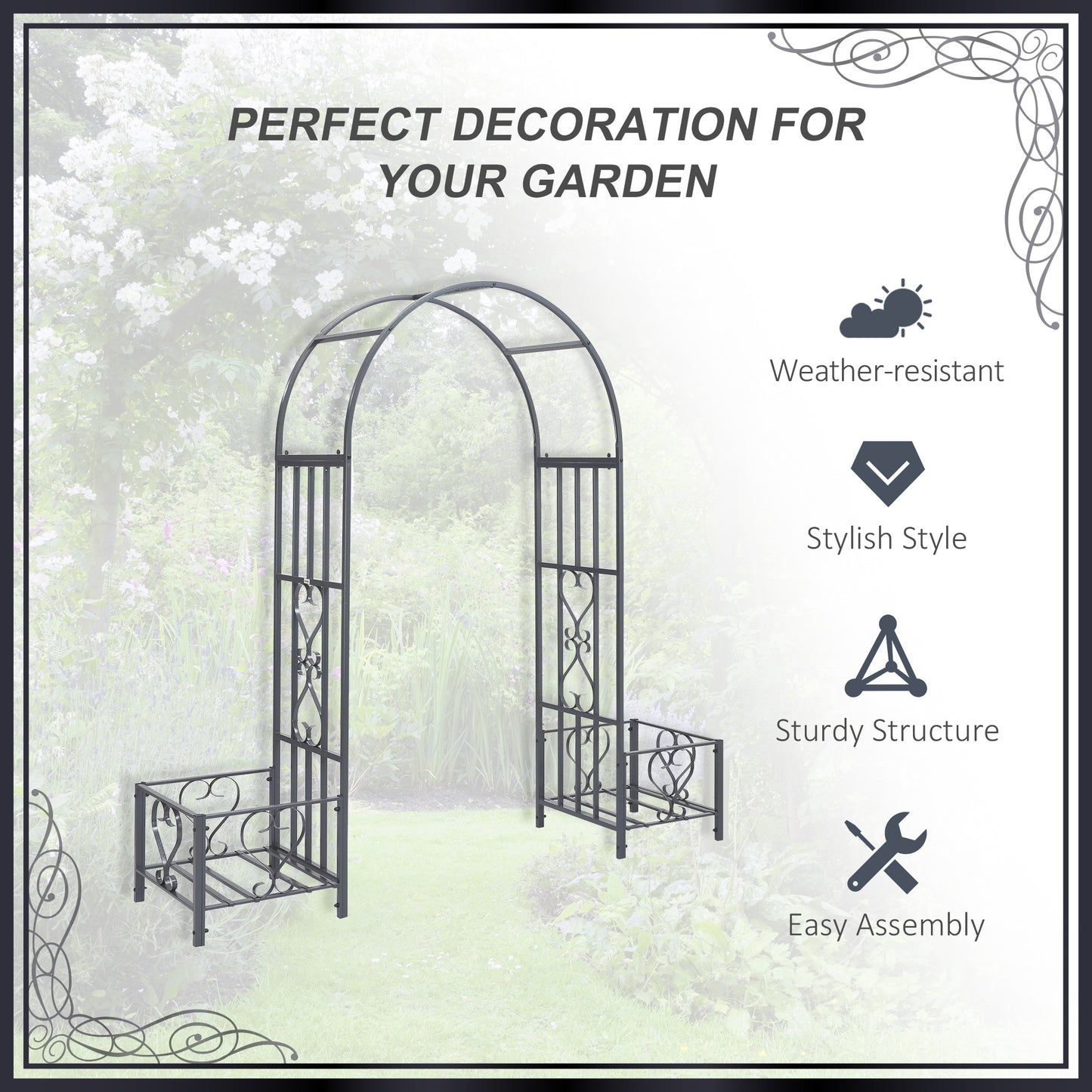 7FT Metal Garden Arch with 2 Planter Boxes, Decorative Outdoor Walkway Arbor for Climbing Vine Plants for Patio Backyard