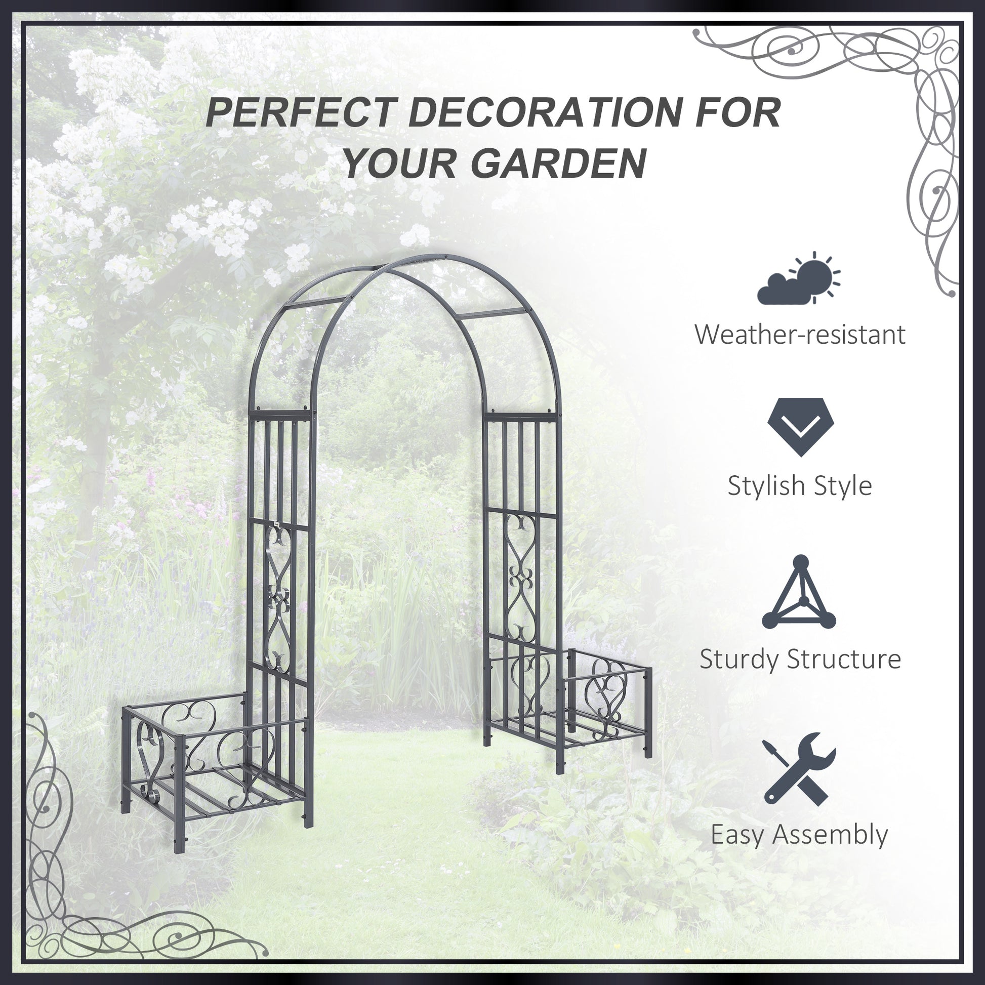 7FT Metal Garden Arch with 2 Planter Boxes, Decorative Outdoor Walkway Arbor for Climbing Vine Plants for Patio Backyard