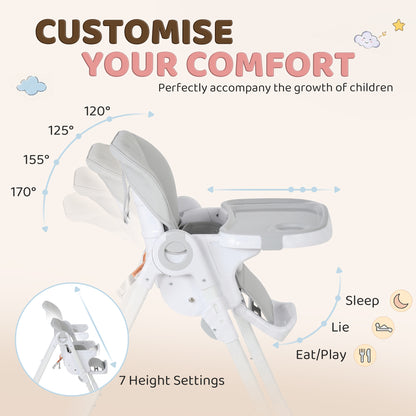 Qaba High Chair with Wheels, Double Tray, Foldable Baby Seat with Adjustable Seat Height, Backrest, Footrest and Tray, G