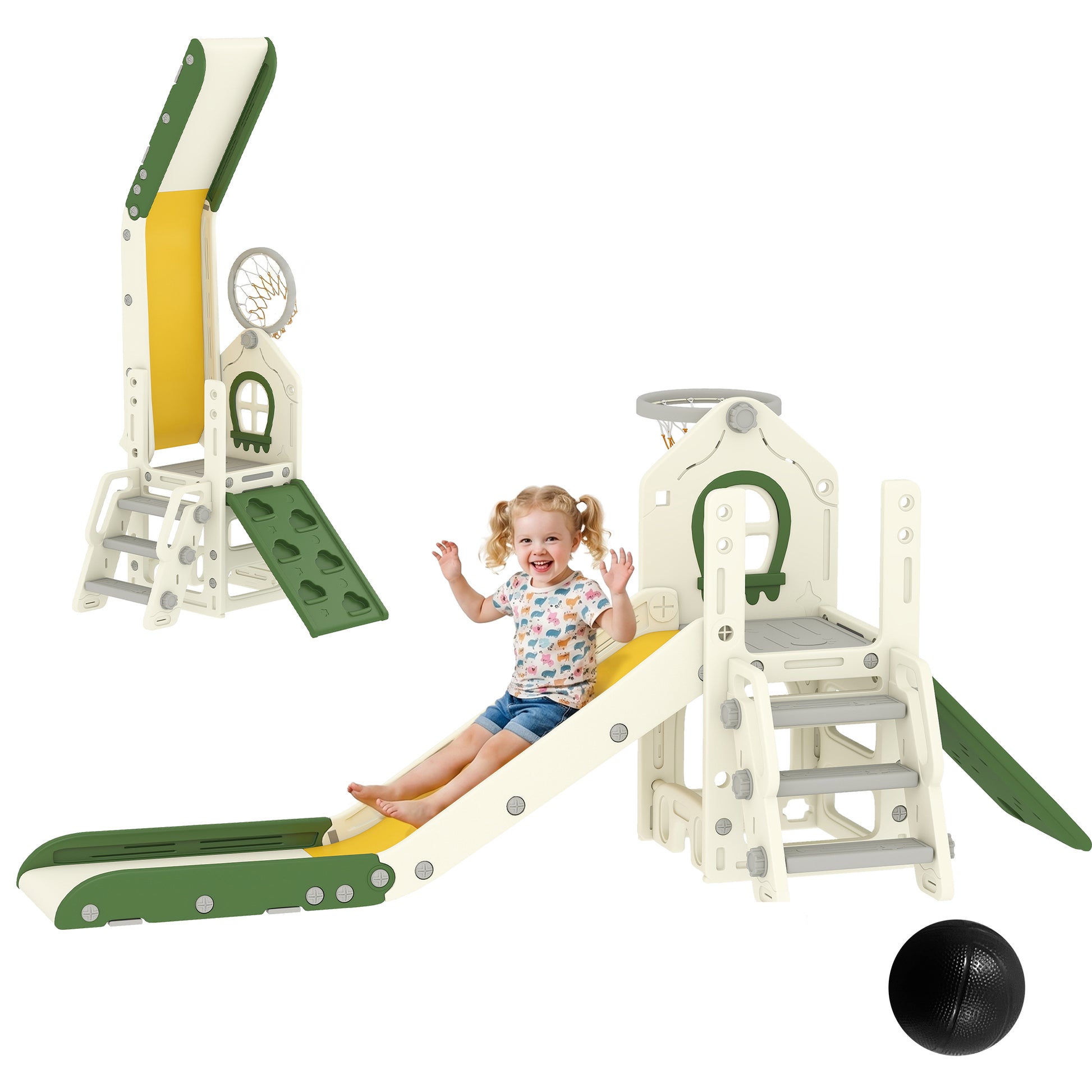Qaba Foldable 5 in 1 Toddler Slide with Ladder, Climbing Wall, Basketball Hoop, Storage and Basketball for 1-3 Years, Cr