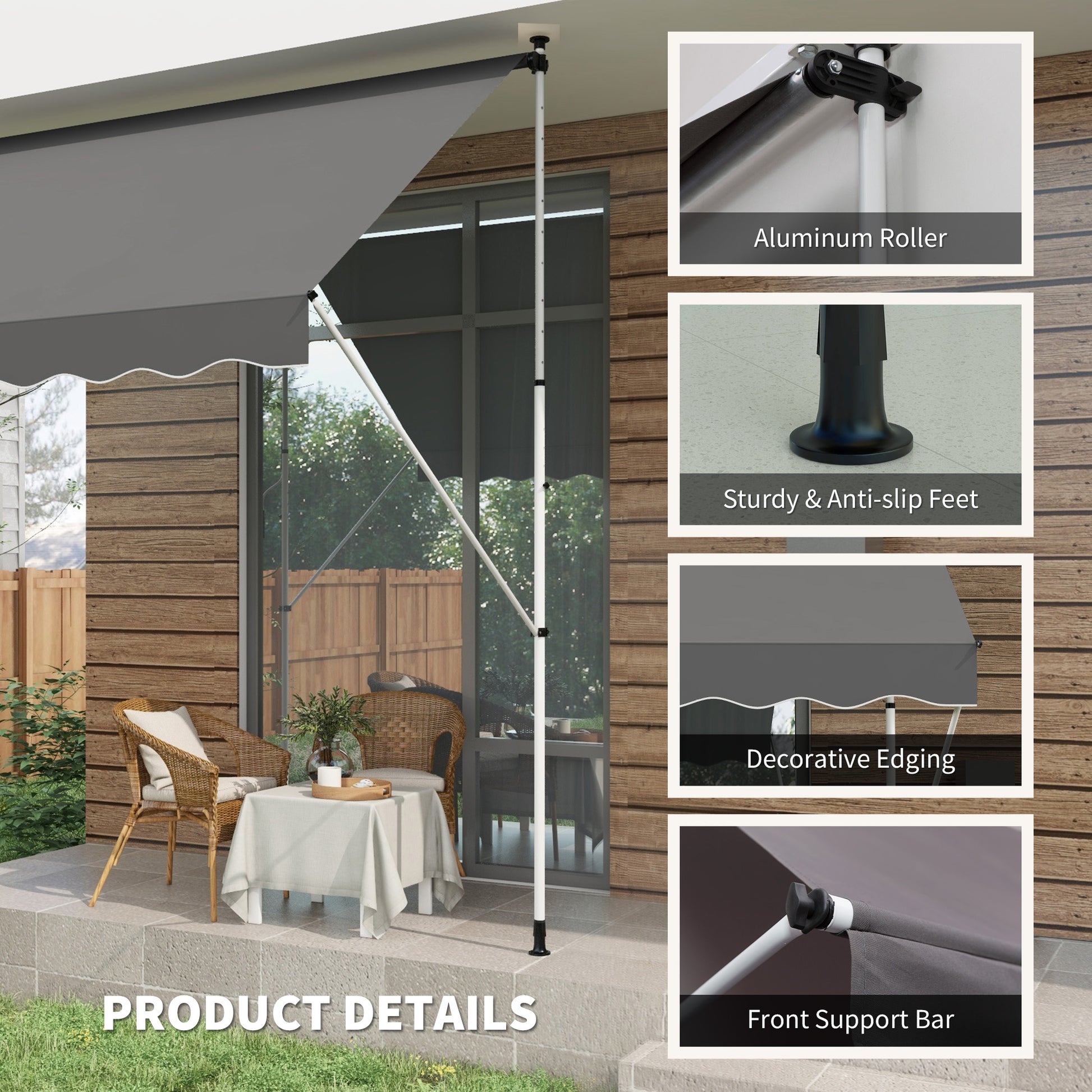 10x5ft Manual Retractable Awning, Patio Sun Shade Canopy Shelter with 5.6-9.2ft Support Pole, Water Resistant UV Protect
