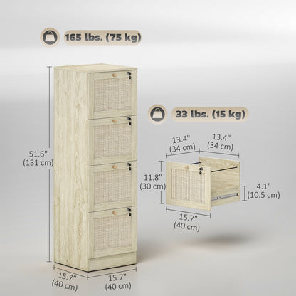4 Drawer Filing Cabinet with Lock, Boho File Cabinet for A4 Letter Size Files with Decorative Rattan Accents, Oak