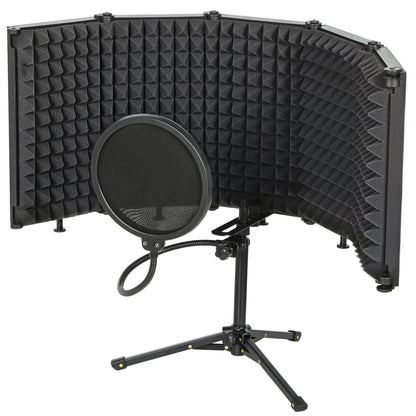 Foldable Studio Recording Microphone Isolation Shield with Pop Filter, Stand, 3/8" Threaded Mount, Black