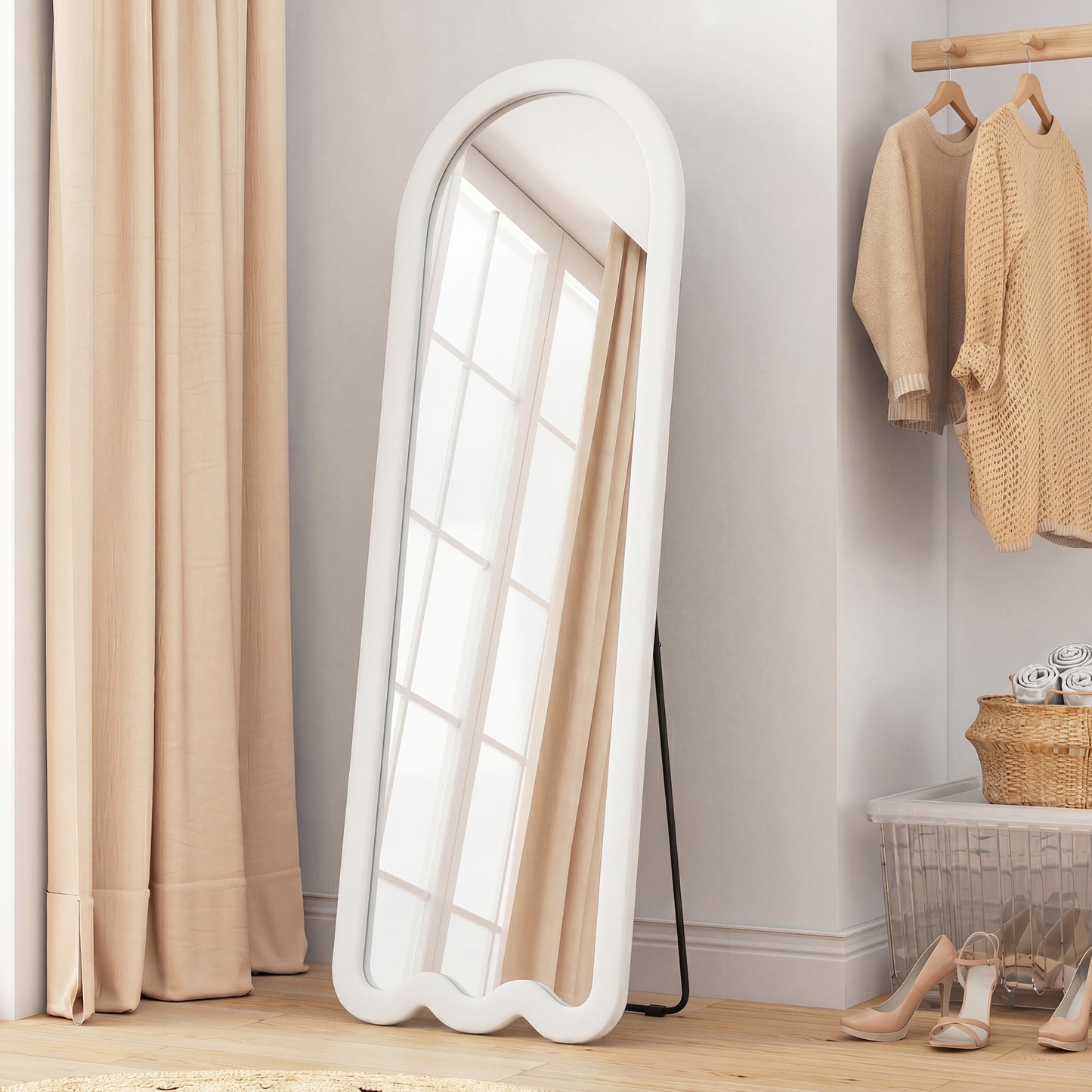 64" x 24" Full Length Mirror, Floor Mirror Hanging or Wall Mount, with Arched Wavy Bottom Velvet Frame for Bedroom