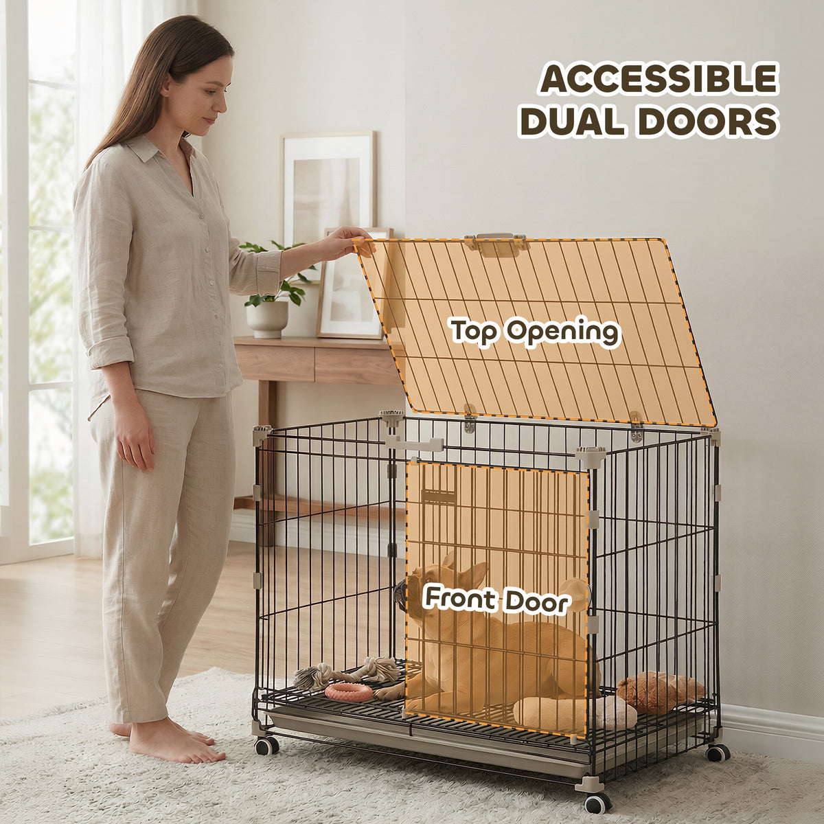 Dog Crate, 30 Inch Metal Dog Cage with Removable Tray, Lockable Wheels, 2 Doors for Small Medium Breeds, Black