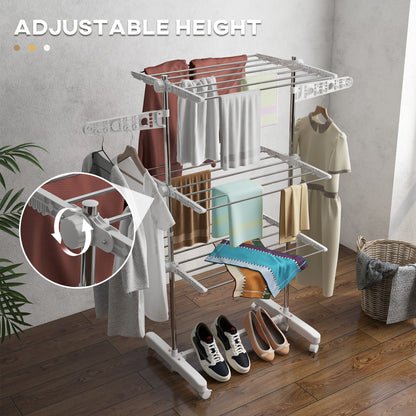 3-Tier Foldable Clothes Drying Rack, Stainless Steel Laundry Rack with 2 Side Wings and 6 Castors, Collapsible Adjustabl