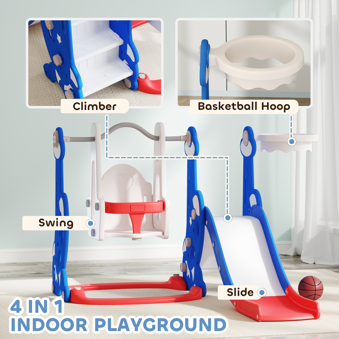 Qaba 4-in-1 Slide and Swing Set with Basketball Hoop, Climber, for Ages 1.5-4 Boys Girls Toddler, Rocket Themed, Dark Bl