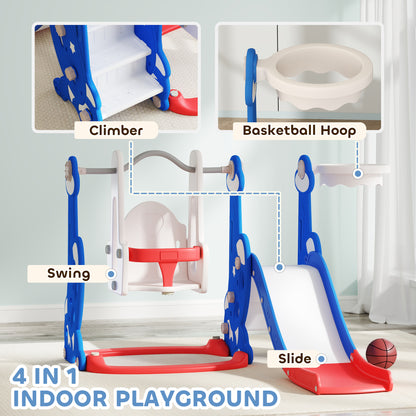 Qaba 4-in-1 Slide and Swing Set with Basketball Hoop, Climber, for Ages 1.5-4 Boys Girls Toddler, Rocket Themed, Dark Bl