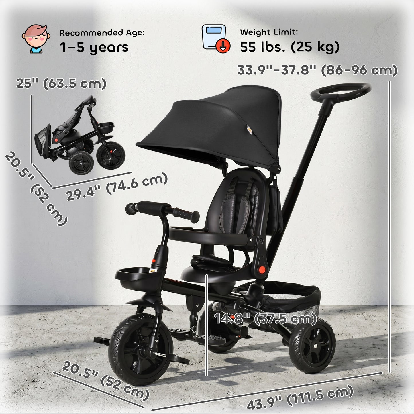 Qaba Tricycle for Toddler 5 in 1 Kids Trike, Foldable Converts Stroller to Toddler Bike, Adjustable Backrest & Curved Ca