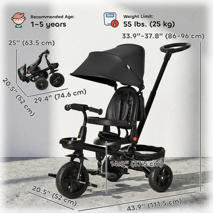 Qaba Tricycle for Toddler 5 in 1 Kids Trike, Foldable Converts Stroller to Toddler Bike, Adjustable Backrest & Curved Ca